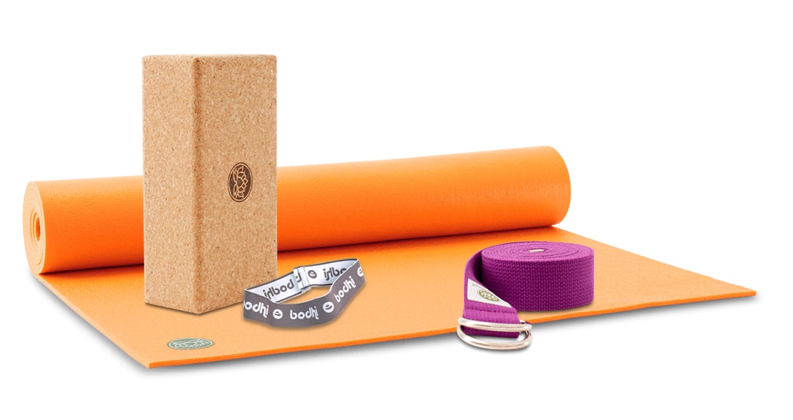 Yoga-Set-Studio-Premium-Matte-safran-Korkblock-Yogaband-lila-Haltegurt