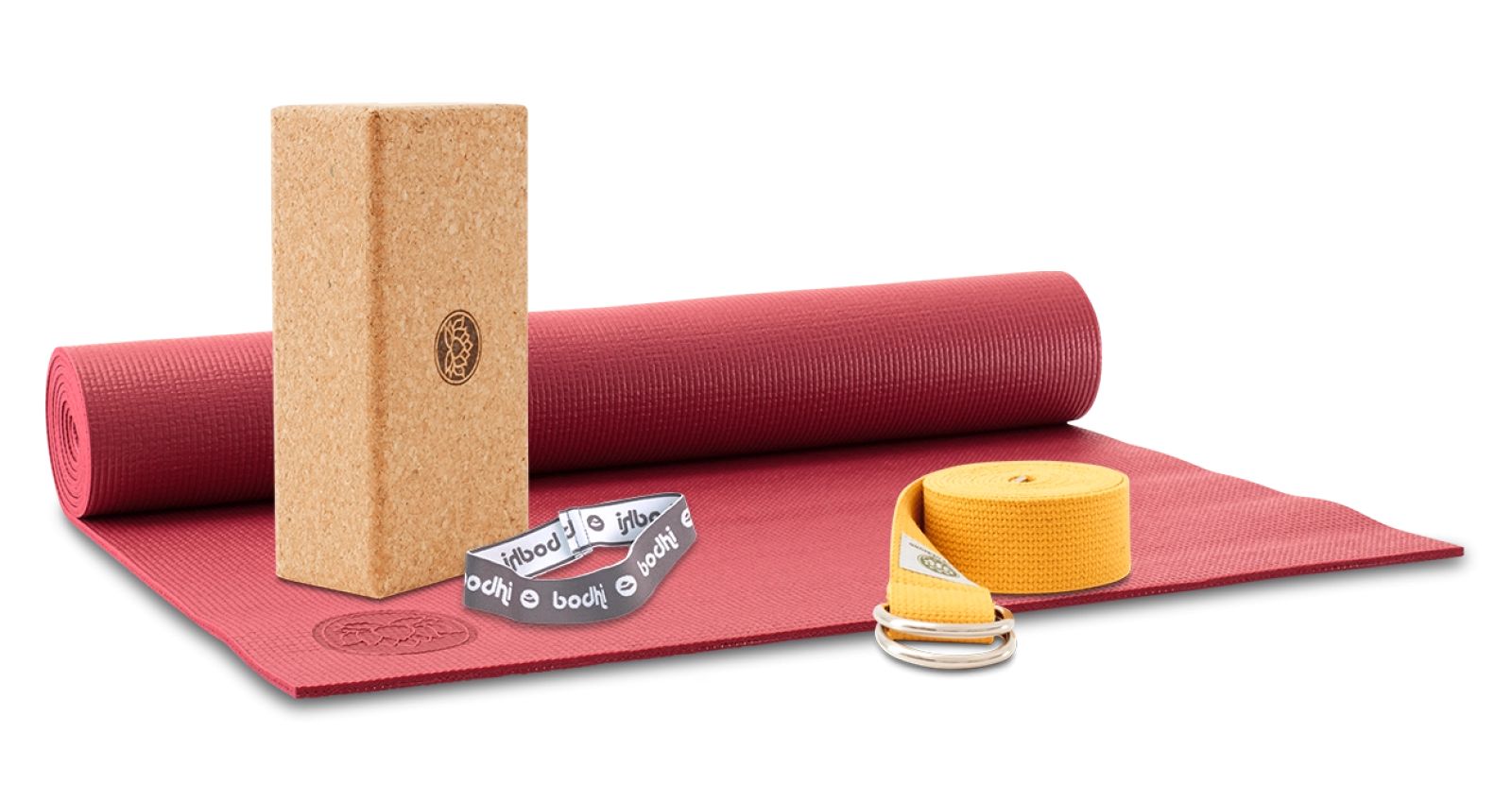 Yoga-Set-Matte-rot-Korkblock-Yogaband-gelb-Haltegurt